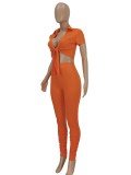 Summer Sexy Orange Knotted Crop Top and Stacked Pants Set
