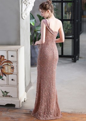 Summer Formal Pink Sequin One Shoulder Slit Evening Dress