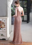 Summer Formal Pink Sequin One Shoulder Slit Evening Dress