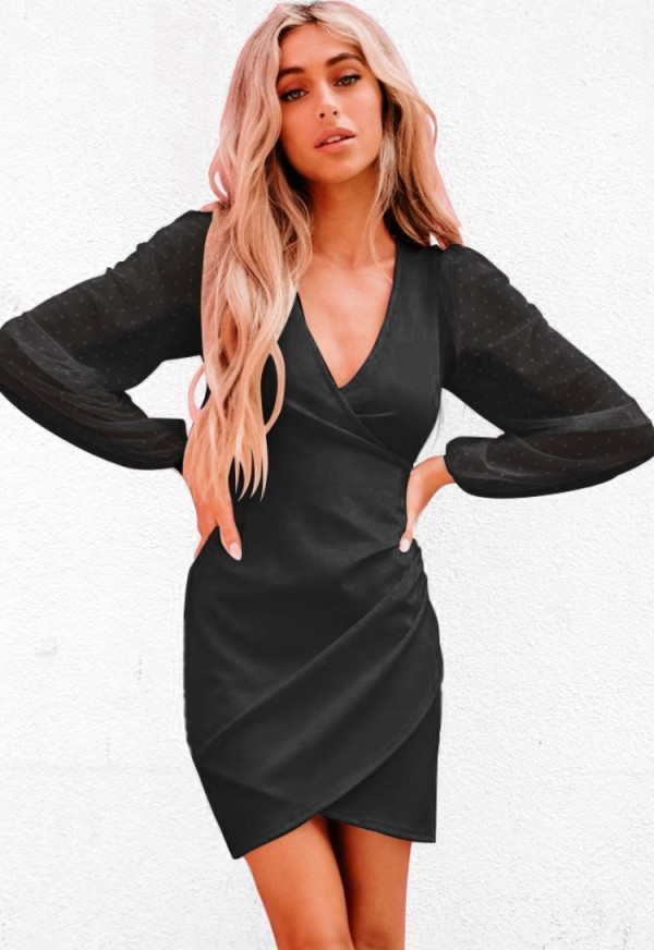 Autumn Elegant Black Wrap Party Dress with Mesh Sleeves