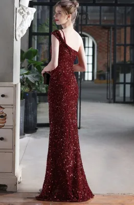 Summer Formal Red Sequin One Shoulder Slit Evening Dress