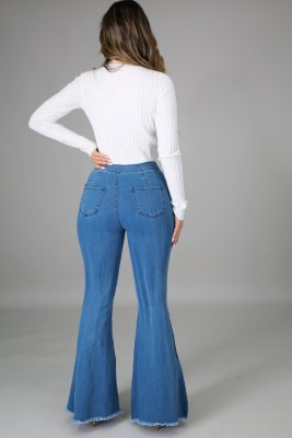 Autumn High Waist Ripped Blue Flare Jeans