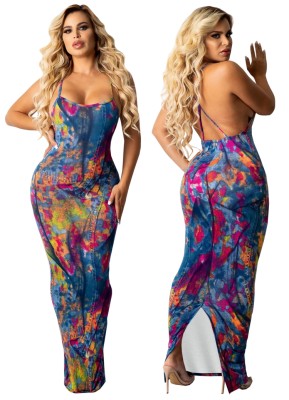 Summer Print Sexy Halter Long Party Dress