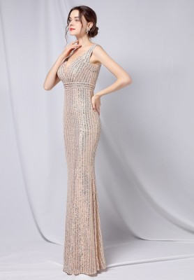 Summer Formal Gold Sequin V-Neck Sleeveless Mermaid Evening Dress