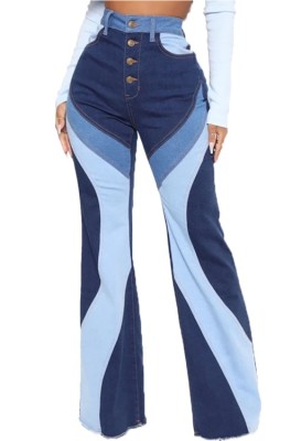 Autumn High Waist Color Block Flare Jeans