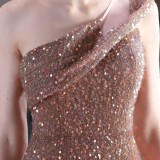 Summer Formal Pink Sequin One Shoulder Slit Evening Dress