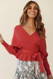 Autumn Red Bat Sleeves Wrap Peplum Sweater Top with Belt