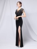 Summer Formal Black Sequins Upper V-Neck Tassels Slit Evening Dress