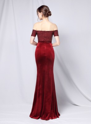 Summer Formal Red Sequins Upper Off Shoulder Slit Evening Dress