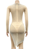 Autumn Sexy Hollow Out Beige Beaded Irregular Party Dress