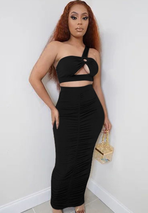 Summer Black Sexy One Shoulder Crop Top and Midi Skirt Set