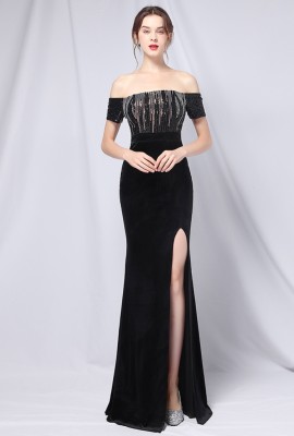 Summer Formal Black Sequins Upper Off Shoulder Slit Evening Dress