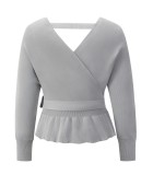 Autumn Grey Bat Sleeves Wrap Peplum Sweater Top with Belt