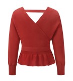 Autumn Red Bat Sleeves Wrap Peplum Sweater Top with Belt