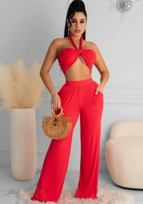 Summer Red Bandeau Top and Wid Leg Pants Set