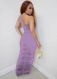 Summer Purple Sexy One Shoulder Crop Top and Midi Skirt Set