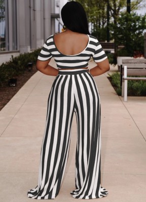 Summer Black Stripes Crop Top and Wid Leg Pants Set