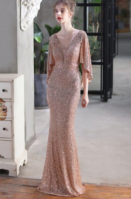 Autumn Formal Sequins Pink O-Neck Mermaid Evening Dress