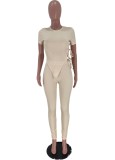 Summer Beige Ribbed Tight Crop Top and Pants Set