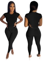 Summer Black Ribbed Tight Crop Top and Pants Set