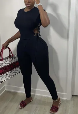 Summer Black Ribbed Tight Crop Top and Pants Set
