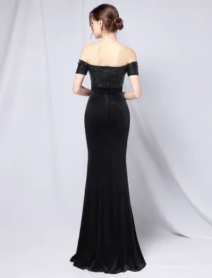 Summer Formal Black Sequins Upper Off Shoulder Slit Evening Dress
