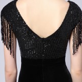 Summer Formal Black Sequins Upper V-Neck Tassels Slit Evening Dress