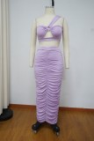 Summer Purple Sexy One Shoulder Crop Top and Midi Skirt Set