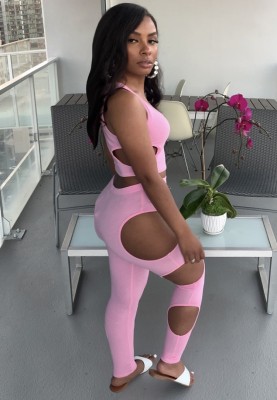 Summer Pink Sexy Cut Out Crop Top and Pants Set