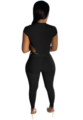 Summer Black Ribbed Tight Crop Top and Pants Set