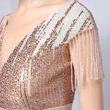 Summer Formal Gold Sequins Upper V-Neck Tassels Slit Evening Dress