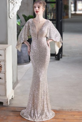 Autumn Formal Sequins Silver O-Neck Mermaid Evening Dress