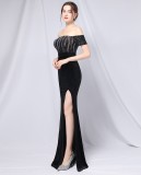 Summer Formal Black Sequins Upper Off Shoulder Slit Evening Dress