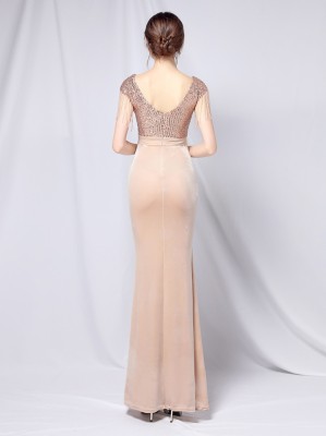 Summer Formal Gold Sequins Upper V-Neck Tassels Slit Evening Dress