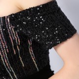 Summer Formal Black Sequins Upper Off Shoulder Slit Evening Dress