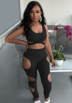 Summer Black Sexy Cut Out Crop Top and Pants Set