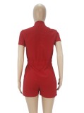 Summer Casual Button Up Short Sleeves Red Cargo Rompers