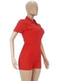 Summer Casual Zipper Up Short Sleeves Red Cargo Rompers