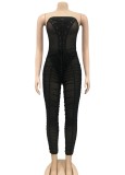 Summer Black Sexy Lace-Up Strapless Mesh Jumpsuit