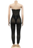 Summer Black Sexy Lace-Up Strapless Mesh Jumpsuit