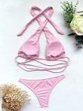 Two-Piece Pink Cross Halter Swimwear