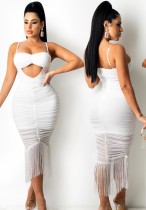 Summer White Sexy Fringe Strap Long Party Dress
