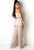 Summer Beige Stripes Crop Top and High Waist Pants Set