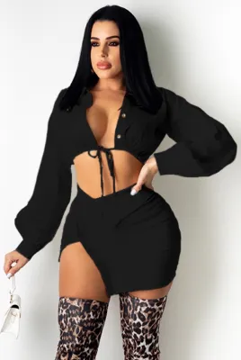 Autumn Party Black Crop Top and Slit Mini Skirt Set