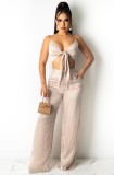 Summer Beige Stripes Crop Top and High Waist Pants Set