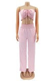Summer Pink Halter Crop Top and High Waist Pants Set
