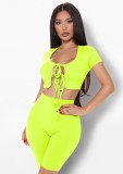 Summer Sexy Green Strings Crop Top and Biker Shorts Matching Set