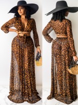 Summer Leopard Print Crop Top and Long Skirt 2 Piece Sundress Set