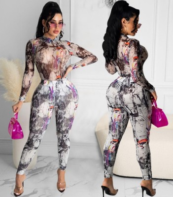 Autumn Sexy Print Tight Top and Pants 2PC Set