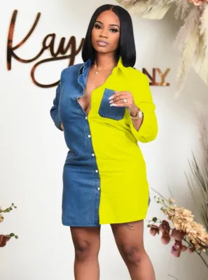 Autumn Casual Color Block Long Sleeve Denim Blouse Dress